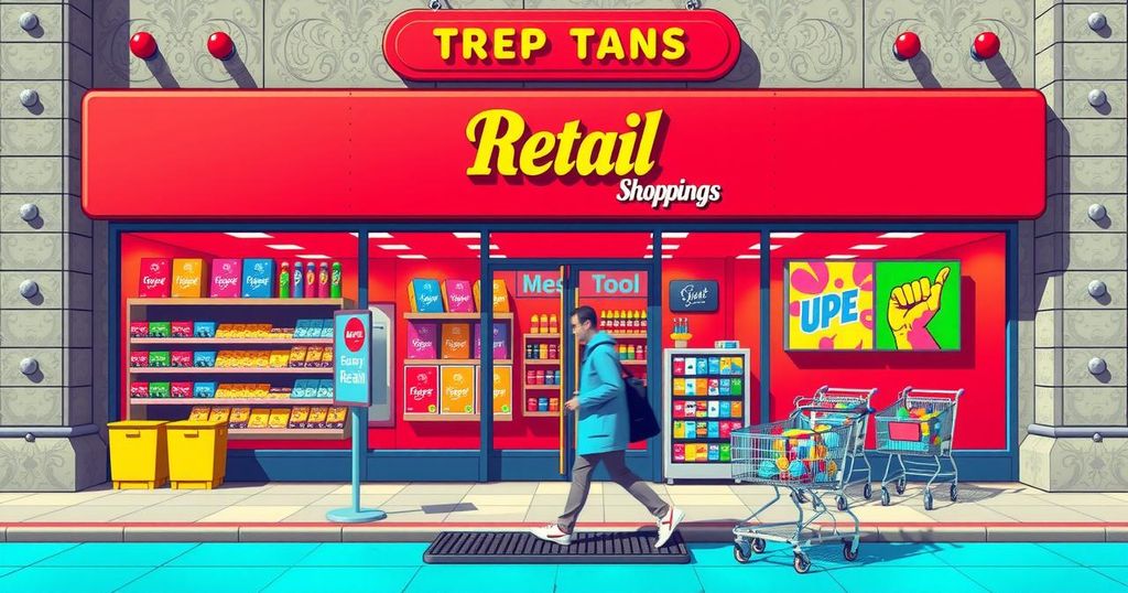 A storefront with a clear sign, showcasing a vibrant market scene with shopping carts and colorful displays
