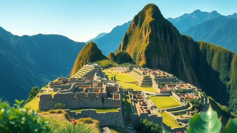 Stunning view of Machu Picchu ruins nestled in lush green mountains under blue skies in Peru.
