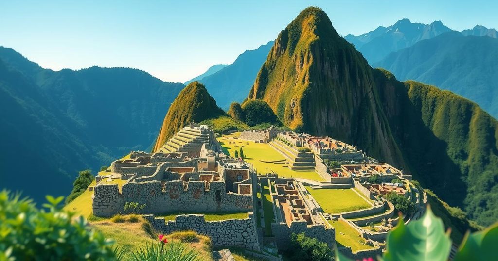 Stunning view of Machu Picchu ruins nestled in lush green mountains under blue skies in Peru.