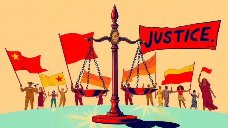 A symbolic representation of activism and justice with banners and scales balanced, in vibrant colors highlighting solidarity.