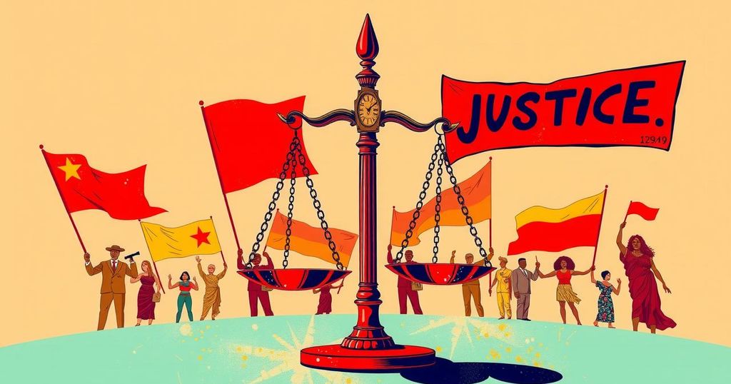 A symbolic representation of activism and justice with banners and scales balanced, in vibrant colors highlighting solidarity.