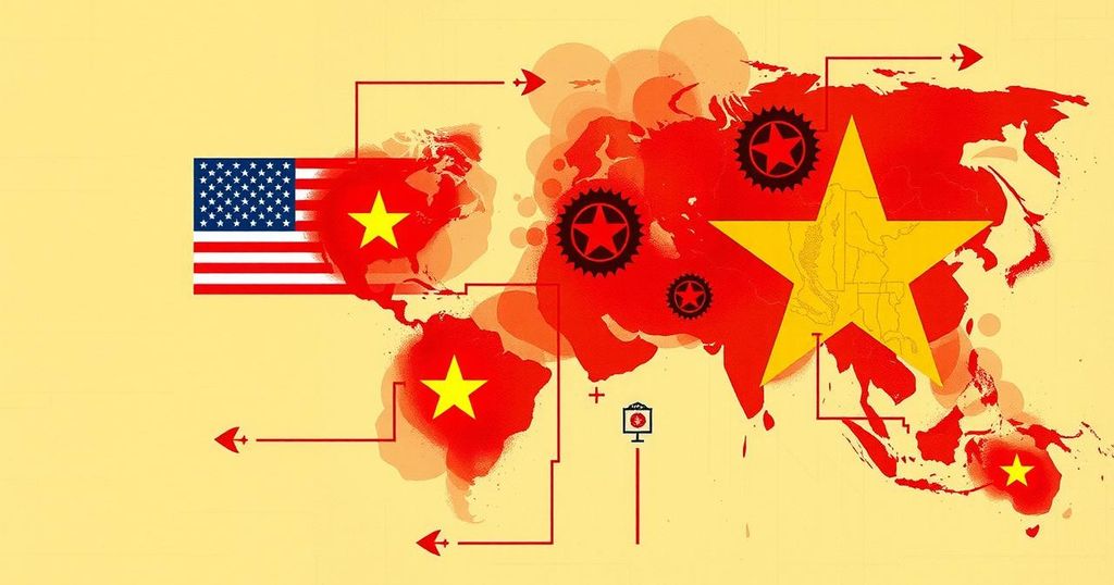 Trade deal impact symbolizes US-China relations with tariffs and negotiations visualized in an abstract style.