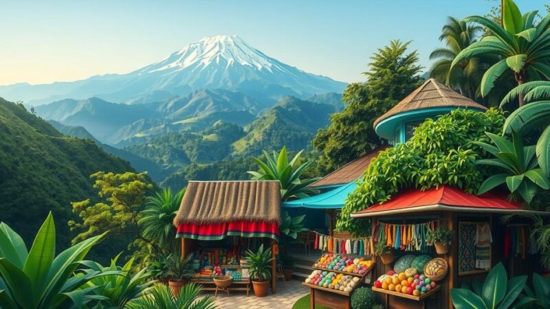 Lush landscapes of Ecuador featuring mountains, jungles, and vibrant markets with colorful crafts and nature.