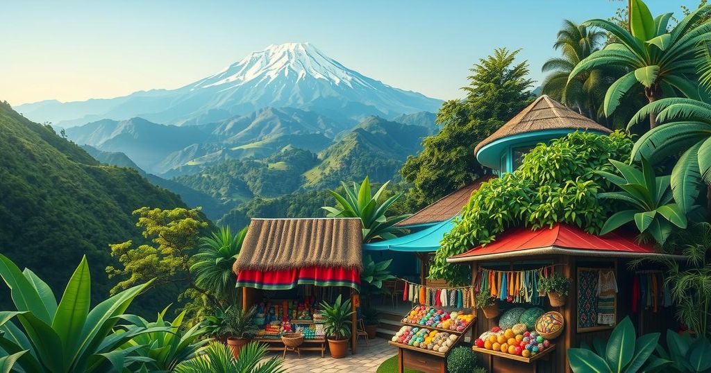 Lush landscapes of Ecuador featuring mountains, jungles, and vibrant markets with colorful crafts and nature.