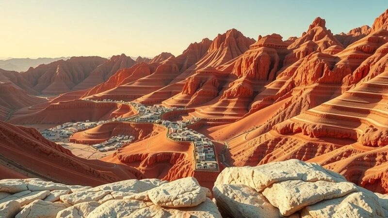 Moroccan landscape with orange jagged hills, terraced villages, and sedimentary rocks symbolizing cobalt mining potential.