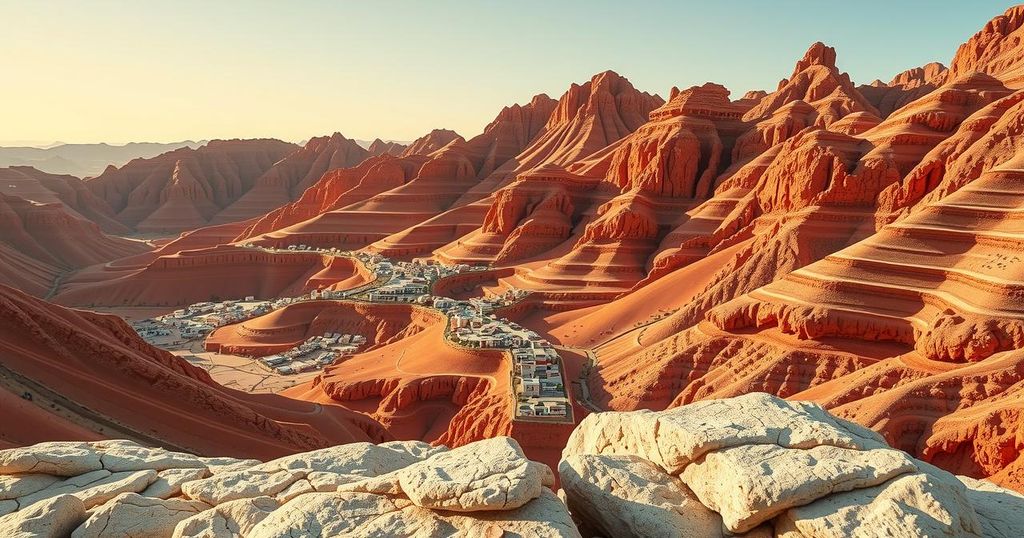 Moroccan landscape with orange jagged hills, terraced villages, and sedimentary rocks symbolizing cobalt mining potential.
