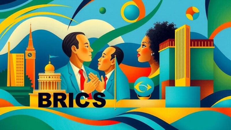 BRICS summit scene in Rio de Janeiro with vibrant colors and abstract patterns symbolizing cooperation and leadership.