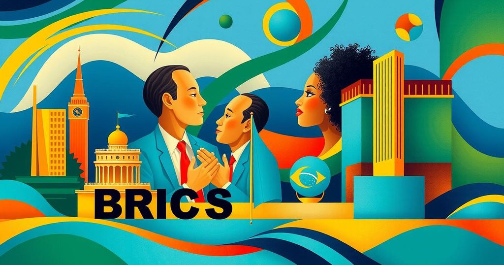 BRICS summit scene in Rio de Janeiro with vibrant colors and abstract patterns symbolizing cooperation and leadership.
