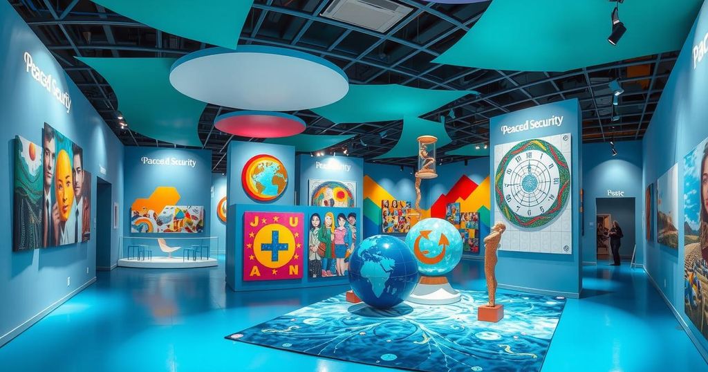A vibrant exhibition showcasing themes of peace and security, featuring art installations conveying resilience.
