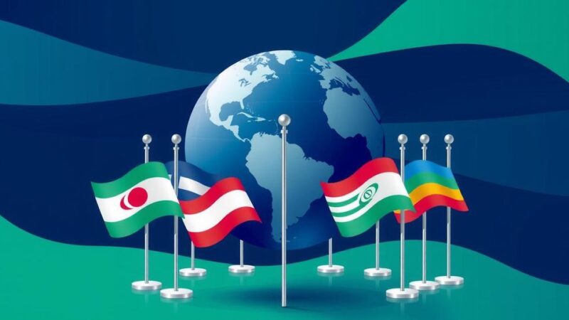 BRICS summit scene with flags, globe, and abstract elements for emerging economies dialogue.
