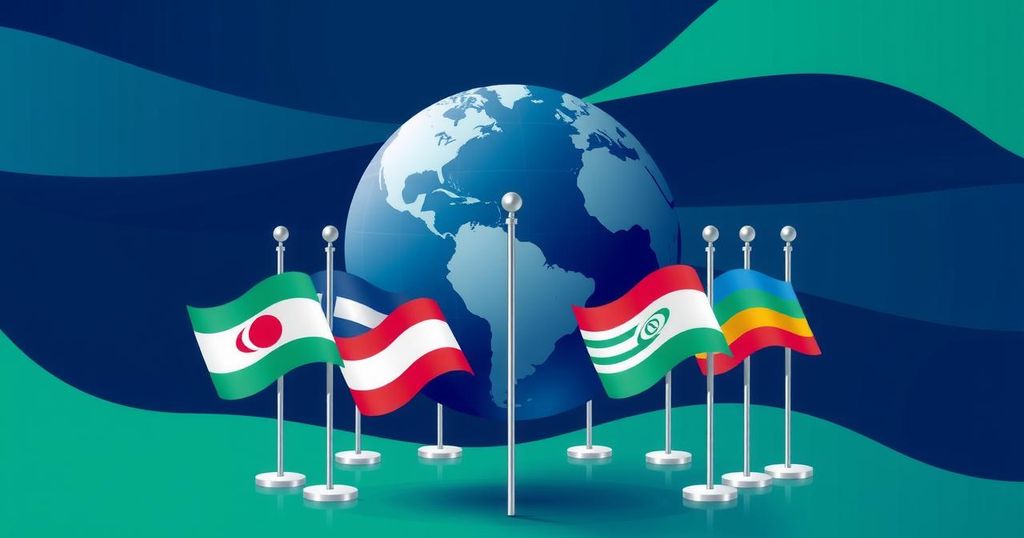 BRICS summit scene with flags, globe, and abstract elements for emerging economies dialogue.