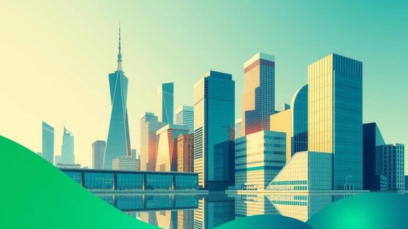 A vibrant city skyline representing economic recovery, with abstract currency symbols and bright colors indicating growth.