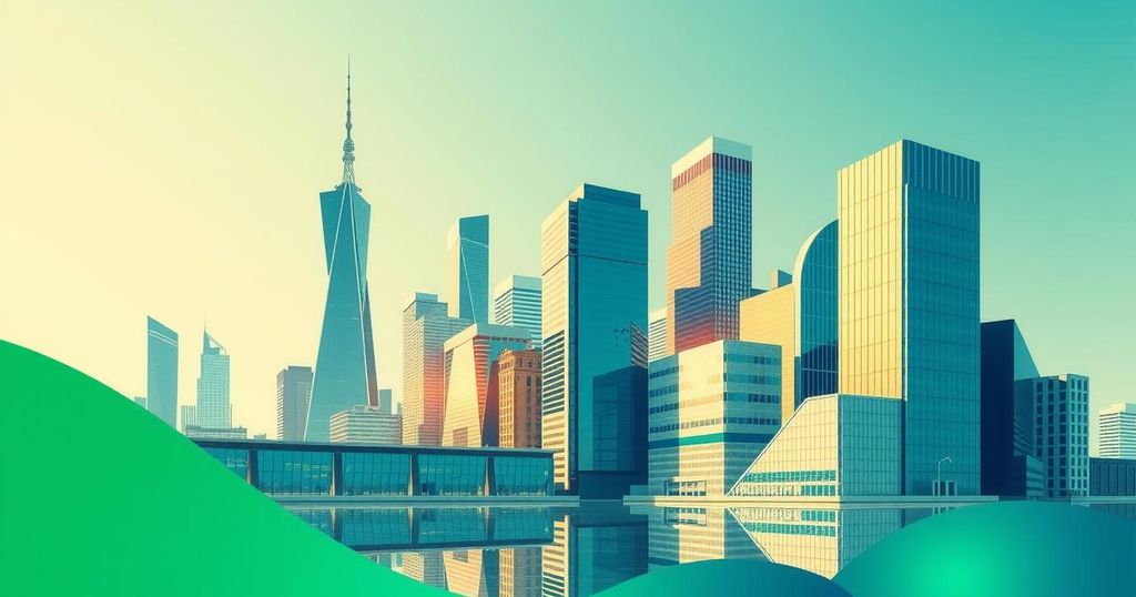 A vibrant city skyline representing economic recovery, with abstract currency symbols and bright colors indicating growth.