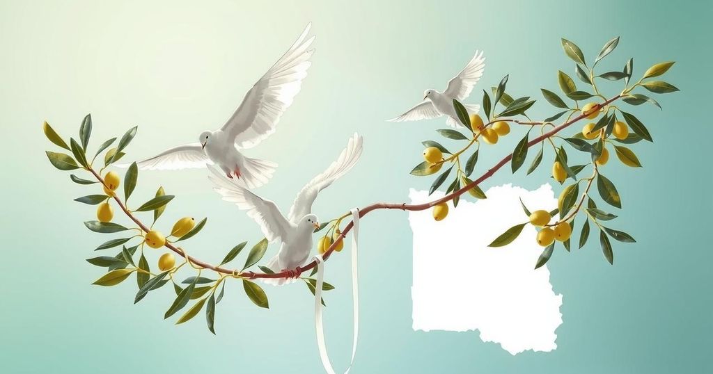 A symbolic representation of unity and cooperation, featuring olive branches, doves, and a map of Libya and Egypt in soft greens and blues.