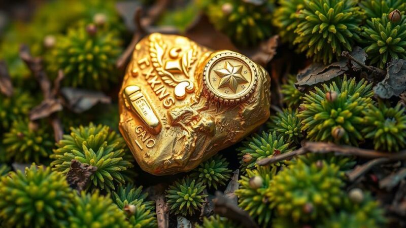 A beautiful golden nugget with rich texture on a soft green and brown background, symbolizing wealth and stability.