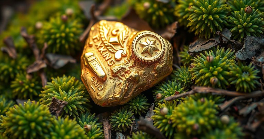 A beautiful golden nugget with rich texture on a soft green and brown background, symbolizing wealth and stability.