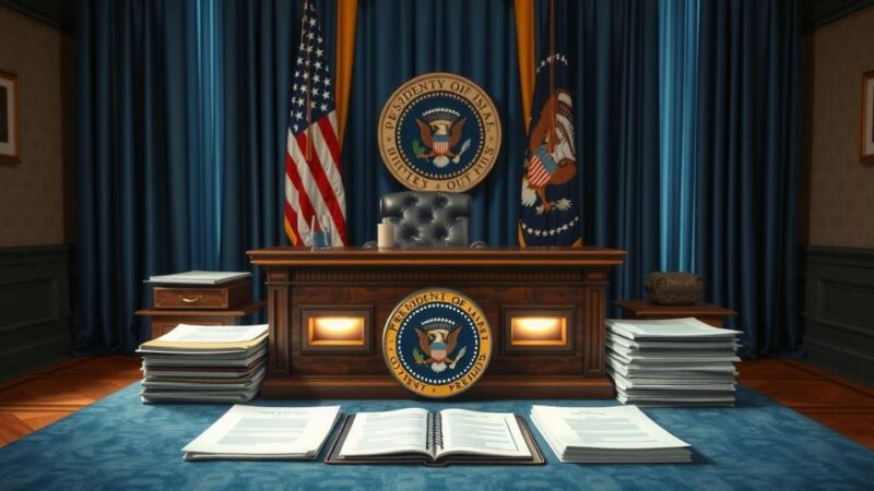 Executive order signing scene with a presidential seal and a desk filled with papers representing diplomacy.
