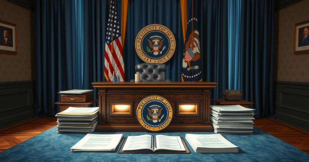 Executive order signing scene with a presidential seal and a desk filled with papers representing diplomacy.