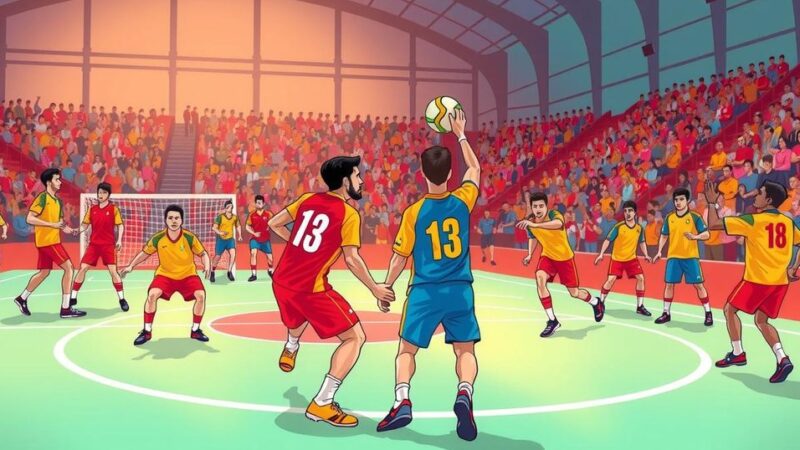 Dynamic handball match scene with colorful jerseys, vibrant crowd, and an energy-filled court reflecting sportsmanship.