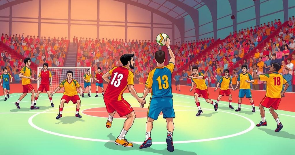 Dynamic handball match scene with colorful jerseys, vibrant crowd, and an energy-filled court reflecting sportsmanship.