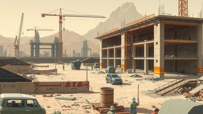 A barren construction site with unfinished structures and scattered debris under a clear sky, symbolizing halted projects.