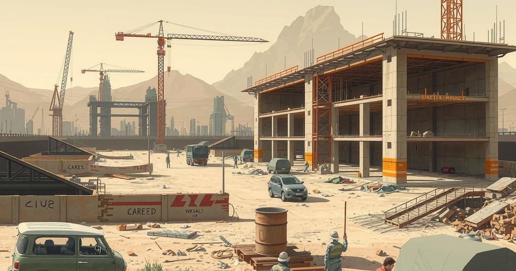 A barren construction site with unfinished structures and scattered debris under a clear sky, symbolizing halted projects.