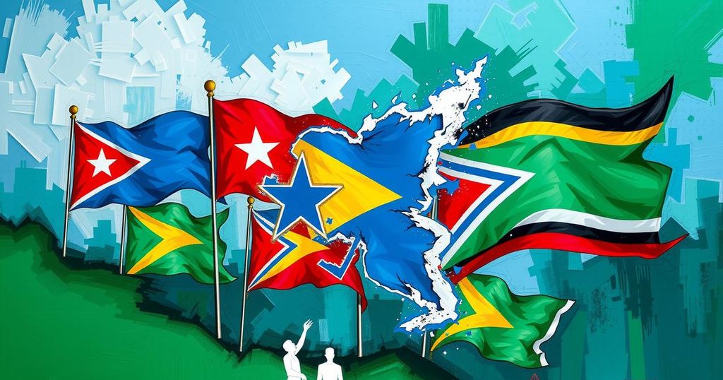 A political landscape showcasing national flags, a map highlighting Guyana, and abstract representations of sovereignty.