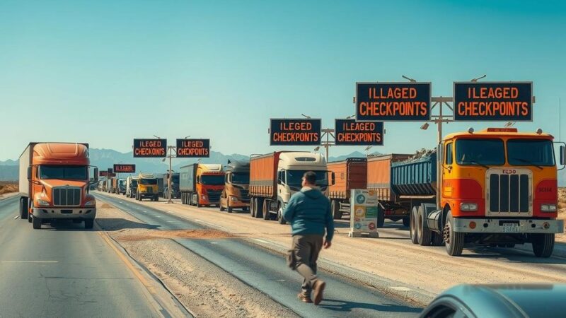 A representation of illegal checkpoints with trucks, emphasizing customs and regional administration influence.