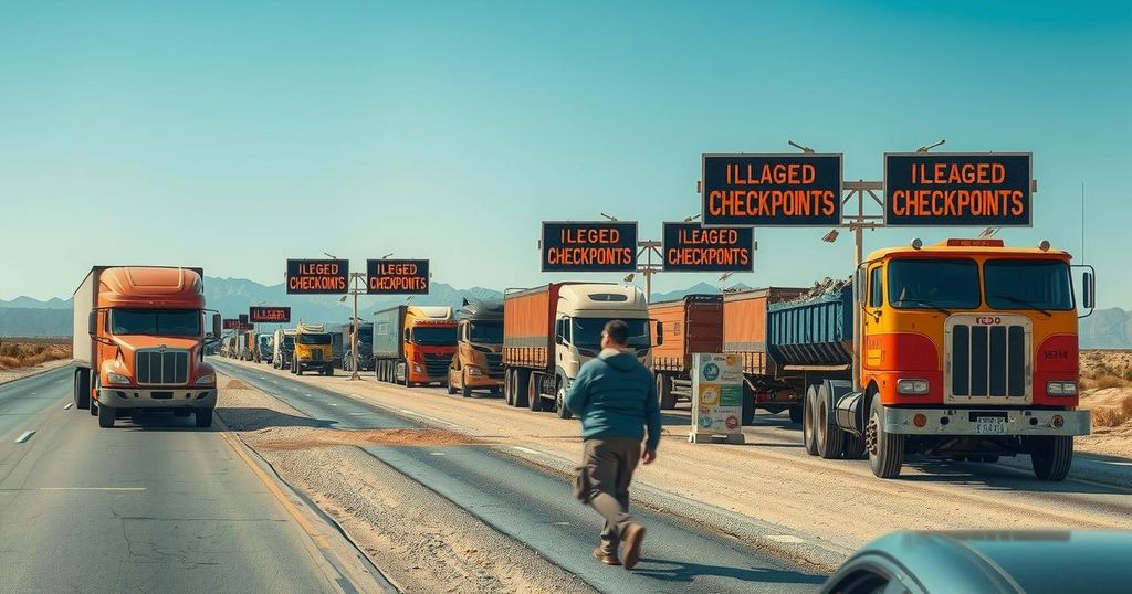 A representation of illegal checkpoints with trucks, emphasizing customs and regional administration influence.