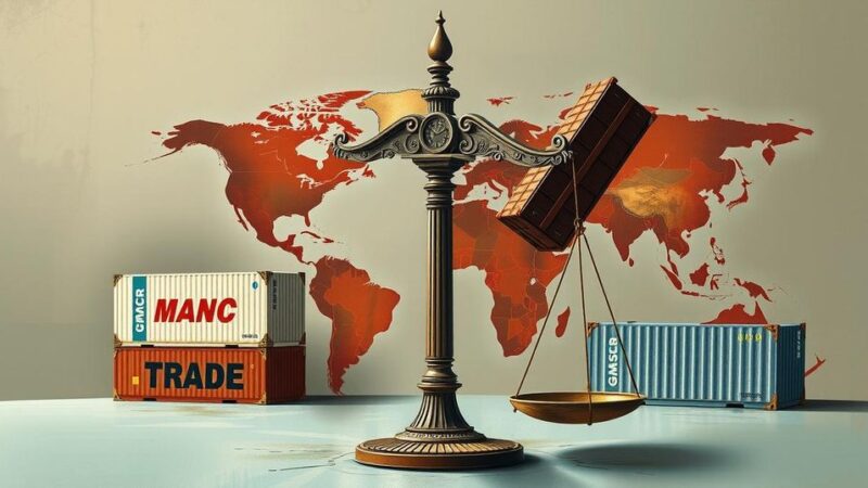 Artistic representation of trade tariffs impacting global economy with symbolic elements and muted earth tones.