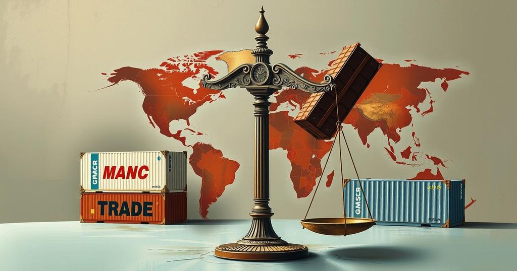 Artistic representation of trade tariffs impacting global economy with symbolic elements and muted earth tones.