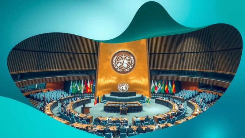 A U.N. General Assembly meeting with flags and symbolic gestures representing resolution for human rights.