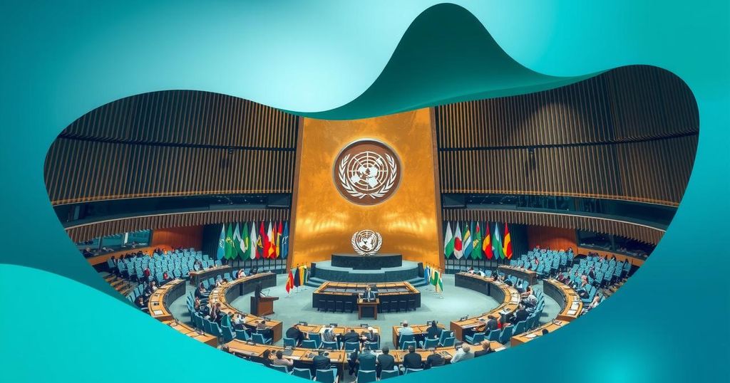 A U.N. General Assembly meeting with flags and symbolic gestures representing resolution for human rights.