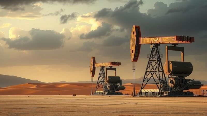 A stark desert landscape with oil drilling equipment, contrasting power struggles, and tension depicted through dark color tones.