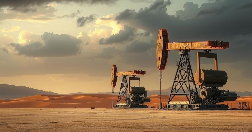 A stark desert landscape with oil drilling equipment, contrasting power struggles, and tension depicted through dark color tones.