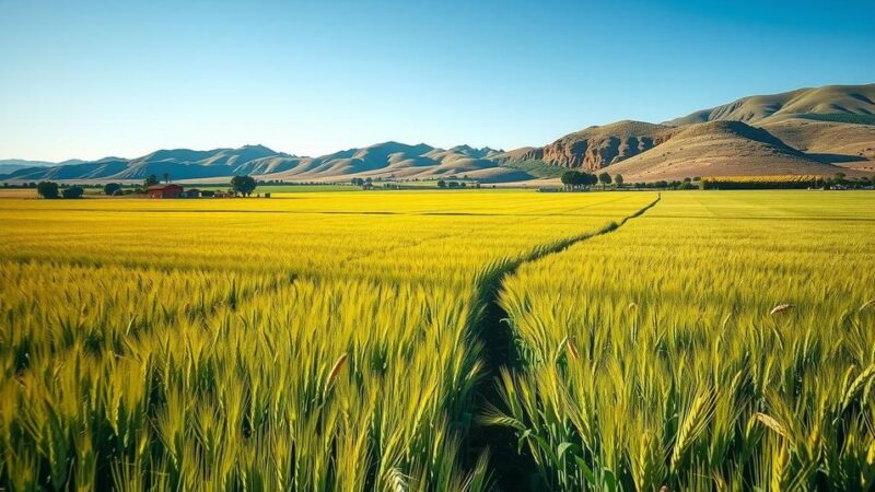 Vibrant wheat and soybean fields in Argentina under blue skies with rich soil, reflecting agricultural success and growth.