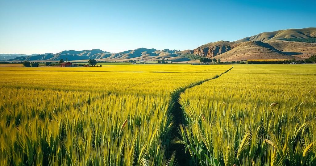 Vibrant wheat and soybean fields in Argentina under blue skies with rich soil, reflecting agricultural success and growth.