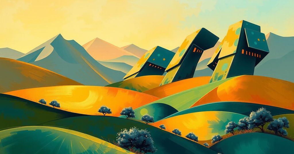 A peaceful scene representing dialogue with abstract elements symbolizing unity and cooperation in vibrant colors.