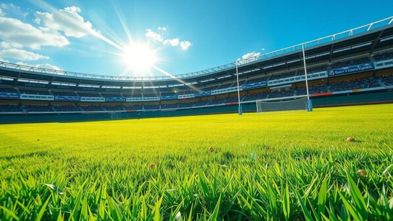 A rugby field with a bright blue sky and lush green grass, empty but ready for team competition.