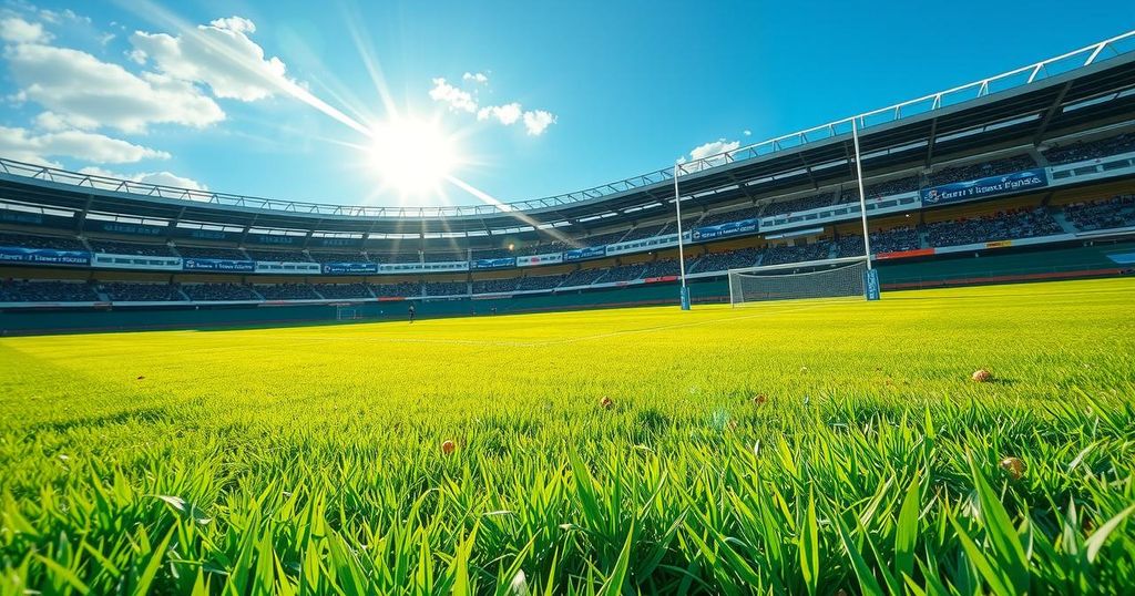 A rugby field with a bright blue sky and lush green grass, empty but ready for team competition.