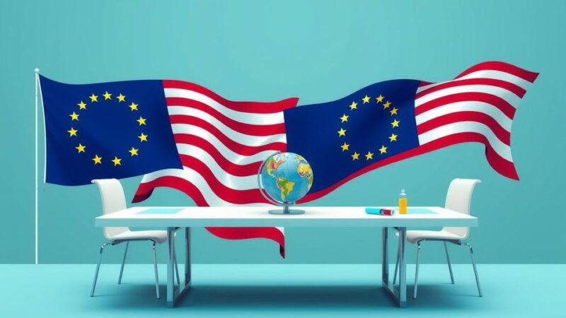 A stylized depiction of a negotiation table symbolizing trade talks between the EU and US with abstract elements.