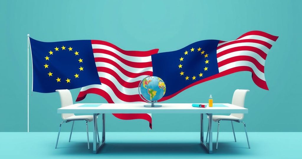 A stylized depiction of a negotiation table symbolizing trade talks between the EU and US with abstract elements.