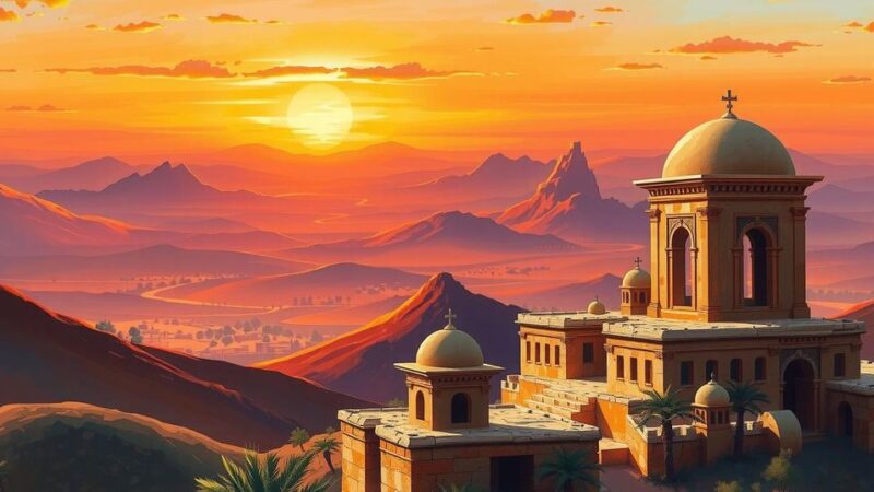 A panoramic view of the Middle East landscape with mountains and ancient ruins, capturing a sense of history and change.