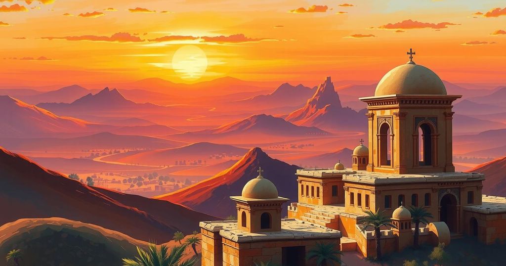 A panoramic view of the Middle East landscape with mountains and ancient ruins, capturing a sense of history and change.
