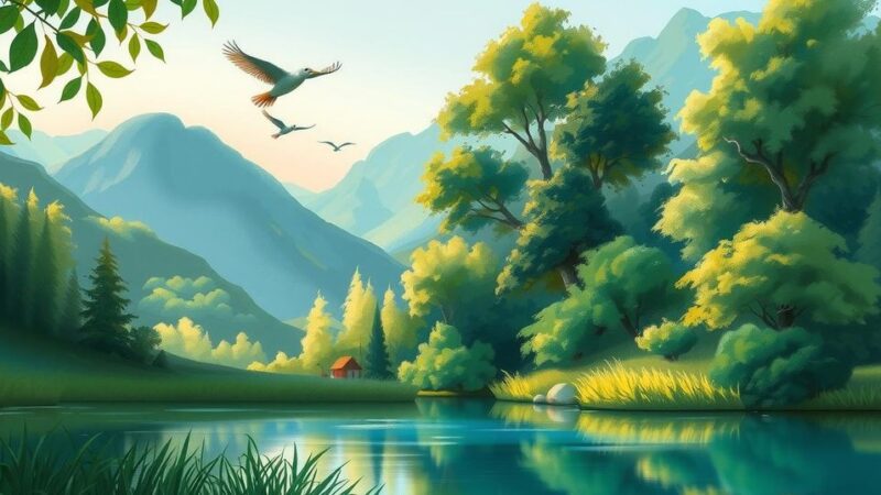 A tranquil landscape with diverse flora and fauna, showcasing natural beauty in a vibrant color palette.