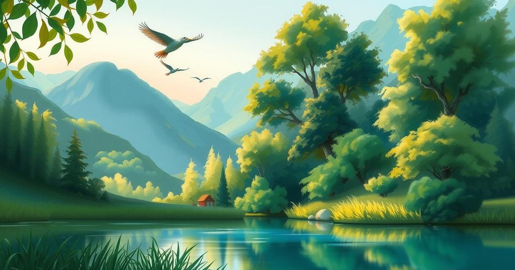 A tranquil landscape with diverse flora and fauna, showcasing natural beauty in a vibrant color palette.