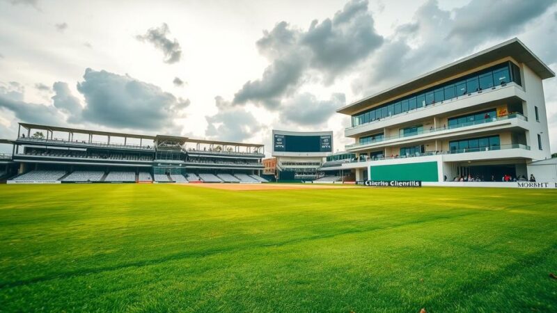 A cricket pitch at Lord's with lush green grass under a cloudy sky, reflecting a competitive atmosphere.