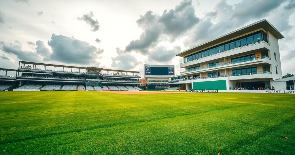 A cricket pitch at Lord's with lush green grass under a cloudy sky, reflecting a competitive atmosphere.