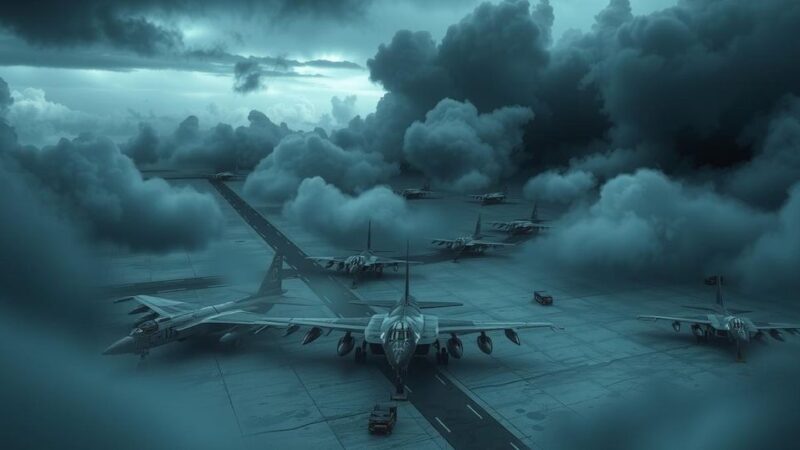 A military airbase under cloudy skies with a dramatic backdrop, symbolizing tension and urgency in a conflict.