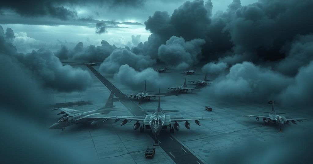 A military airbase under cloudy skies with a dramatic backdrop, symbolizing tension and urgency in a conflict.
